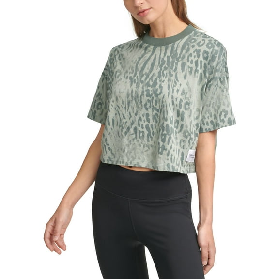 Calvin Klein Womens Performance Cropped Animal-Print T-Shirt,Sagebrush,Medium