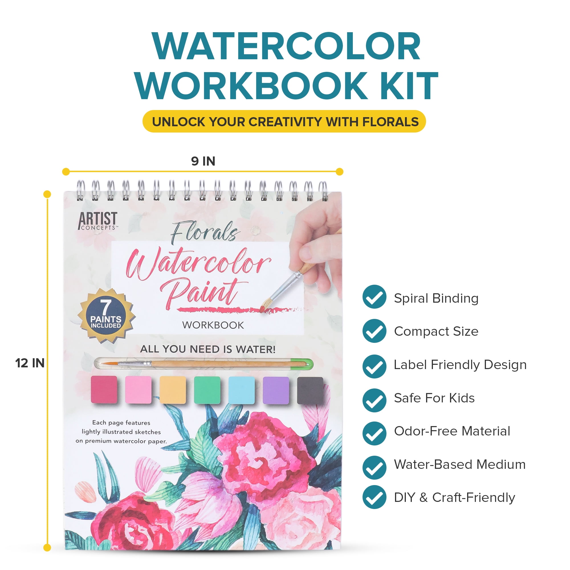 Artist Concepts Watercolor Coloring Book with Watercolor Paint Set, Art Supplies, Floral