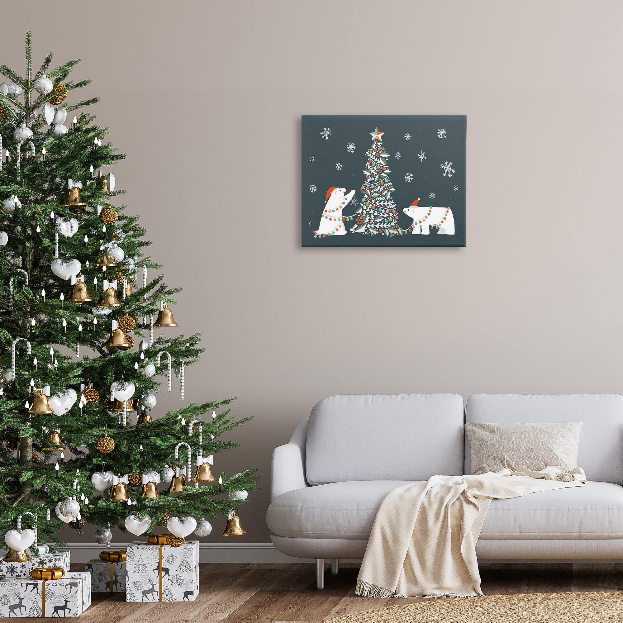 Stupell Industries Polar Bears with Christmas Tree Holiday Painting Gallery Wrapped Canvas Art Prints Wall Art, 30 x 24