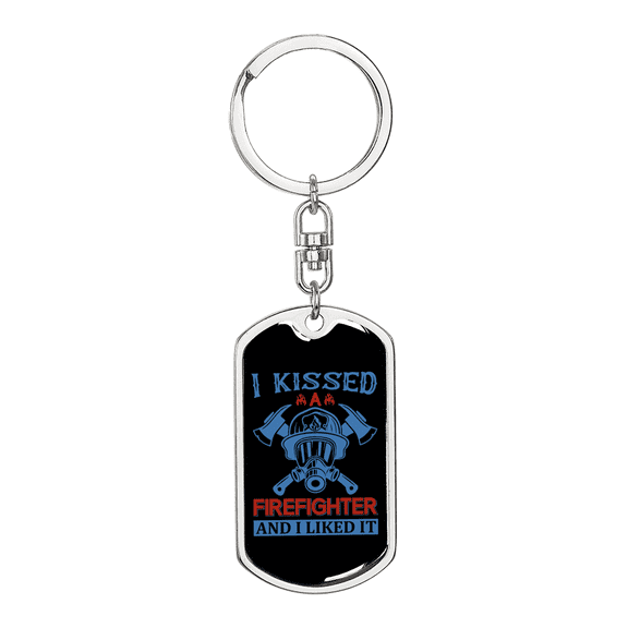 I Kissed A Firefighter Stainless Steel or 18k Gold Premium Swivel Dog Tag Keychain