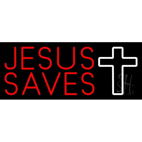 Red Jesus Saves White Cross LED Neon Sign 10" Tall x 24" Wide - inches Black Square Cut Acrylic Backing, with Dimmer - Premium built indoor Sign for Home décor, Religious place, Store interior.