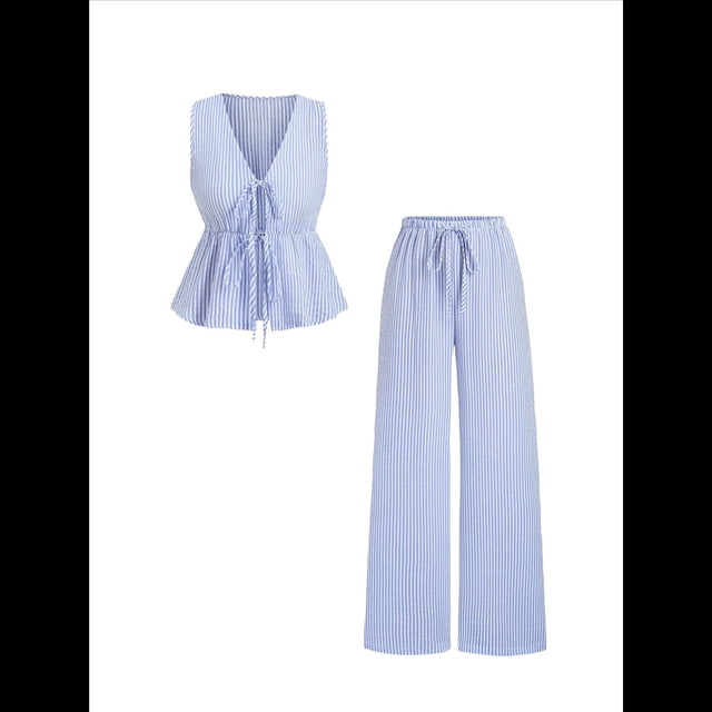 Conjunto de Dos Piezas de Verano para Mujer, con Estampado de Rayas, Sin Mangas, con Cordones, Camiseta Sin Mangas y Pantalones para Playa Azul L