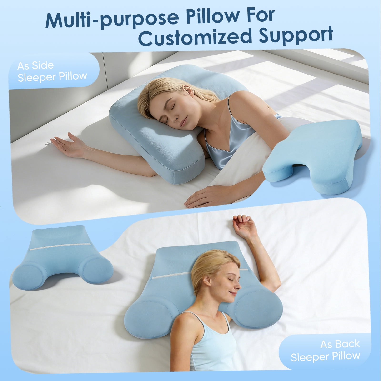 AMTPM Side Sleeper Pillow with Blue , 2 in 1 Shoulder Relief for Rotator Cuff Pain, Memory Foam Pillow for Adults Side, Back and Stomach