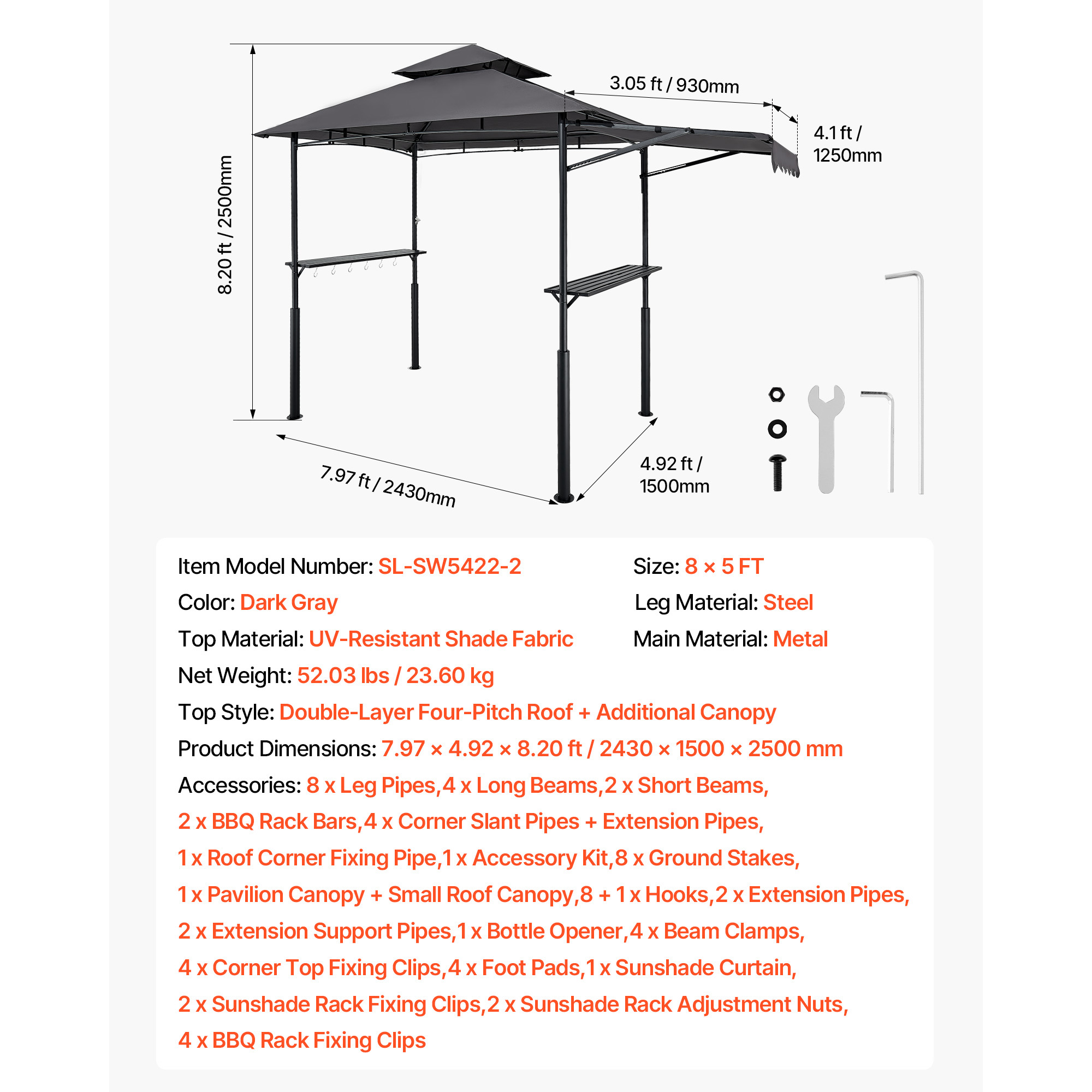 KFFKFF Grill Gazebo, 8 x 5 ft with Dual-Layer Roof, Sturdy BBQ Shelter Featuring Extended Awning, Steel Frame with Side Shelves & Hooks, Outdoor Canopy for Patio or Garden Cooking