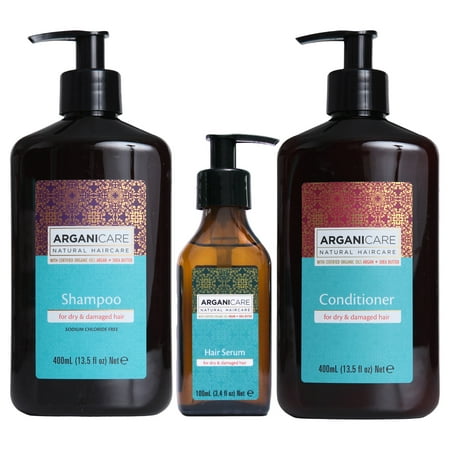 Arganicare Shampoo, Conditioner and Hair Serum Set for dry and damaged hair with Certified Organic Argan Oil and Shea