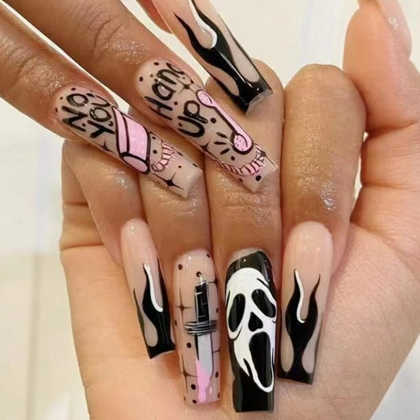 24 uñas postizas de ballet acrílicas largas para Halloween, uñas postizas de ballet para mujeres, pegamento de Halloween en las uñas con diseños (cara de fantasma y llama)