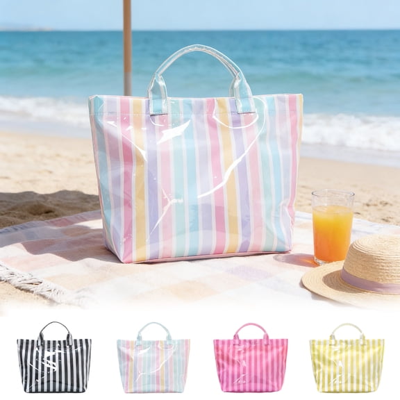 Twfbrm Striped Tote Bag for Women, Large Capacity Plastic Handbag with Magnetic Buckle, Waterproof & Lightweight Beach Bag Pack Reusable Grocery Bags Casual Daypack for Work Travel Shopping