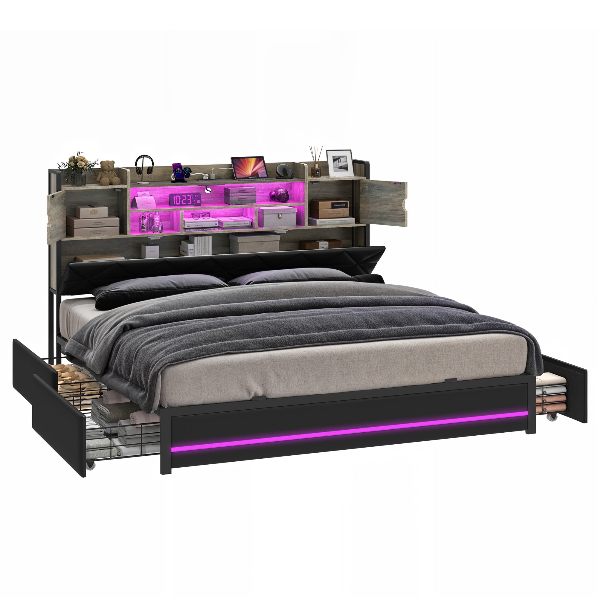 Uforic Queen Size PU Leather Platform Bed Frame with RGB Ambient Light, Bookcase Headboard & 4 Underbed Storage Drawers, Easy Assembly, Black