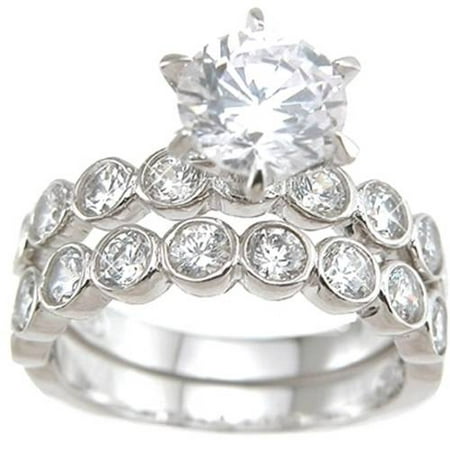 CZ 925 Sterling Silver Rhodium Finish Brilliant Tiffany Style Wedding Ring