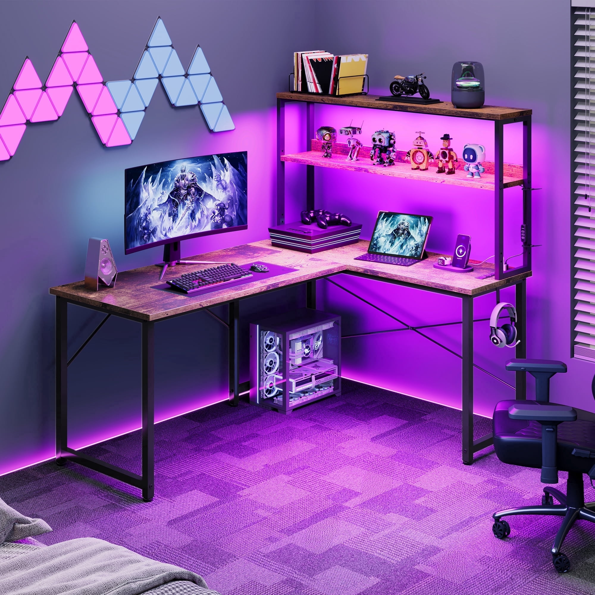 Casacomoda 43 Inch L Shaped Desk with LED Light & Power Outlet, Reversible L Shaped Computer Table with Shelf & Hook for Home Office, Vintage