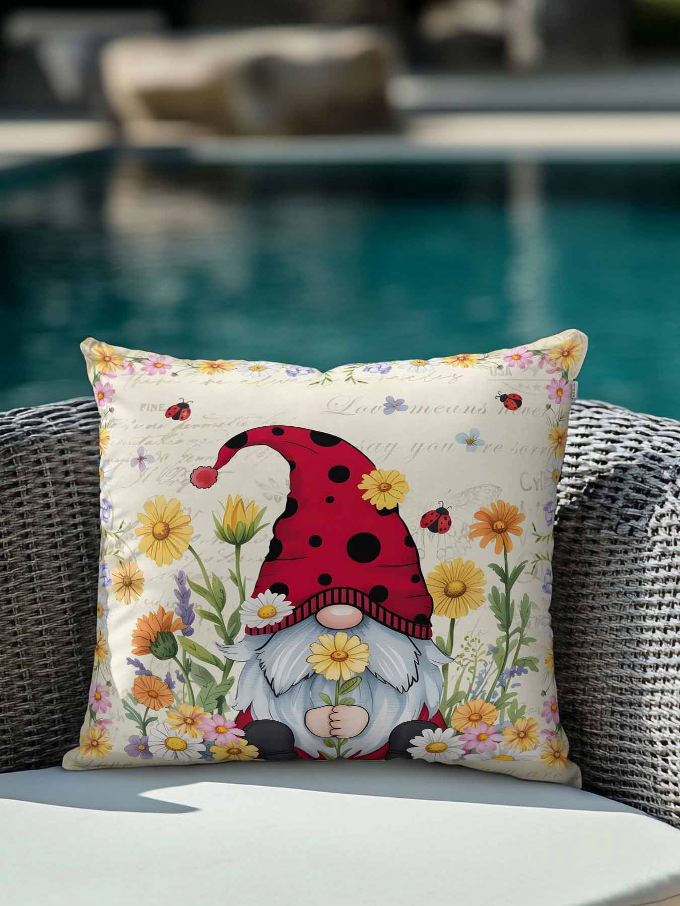 Outdoor Pillows Waterproof, Vintage Gnomes Bedding Throw Pillows with Insert for Couch Sofa Bed, Rustic Pastoral Daisy Botanical Floral 18x18 Inch Pillowcases Decorative Patio Pillow Set of 1