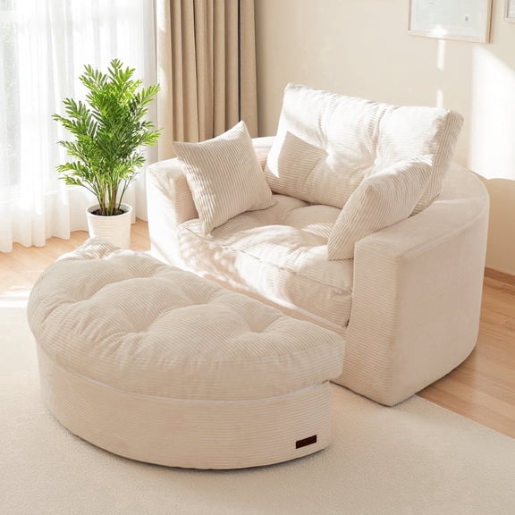 BYBYME 49''Round Chaise Lounge Chair,Corduroy Sofa Bed With Deep Seat,Upholstered Boneless Chaise Indoor,Cozy Sleeper Couch for Living Room with Ottoman,Beige