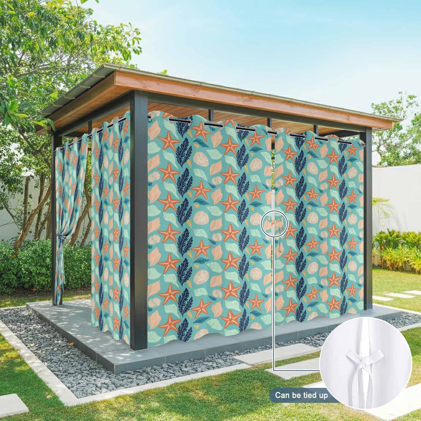 Ocean Life Outdoor Curtains for Patio, Orange Starfish Conch Coral Sea Urchin Green Sunshade Privacy Drapes Grommet Waterproof Outside Curtains for Porch/Cabana/Balcony 54"x 95", 2 Panel