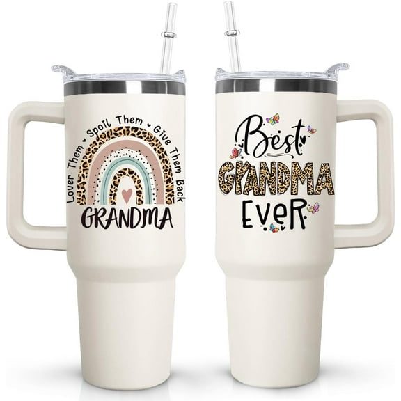 40 oz Grandma Tumbler with handle Lid and Straw, Best Grandma Ever Vacuum Insulated Travel Coffee Mug CupTumbler, Mothers Day Gifts for Grandmothe