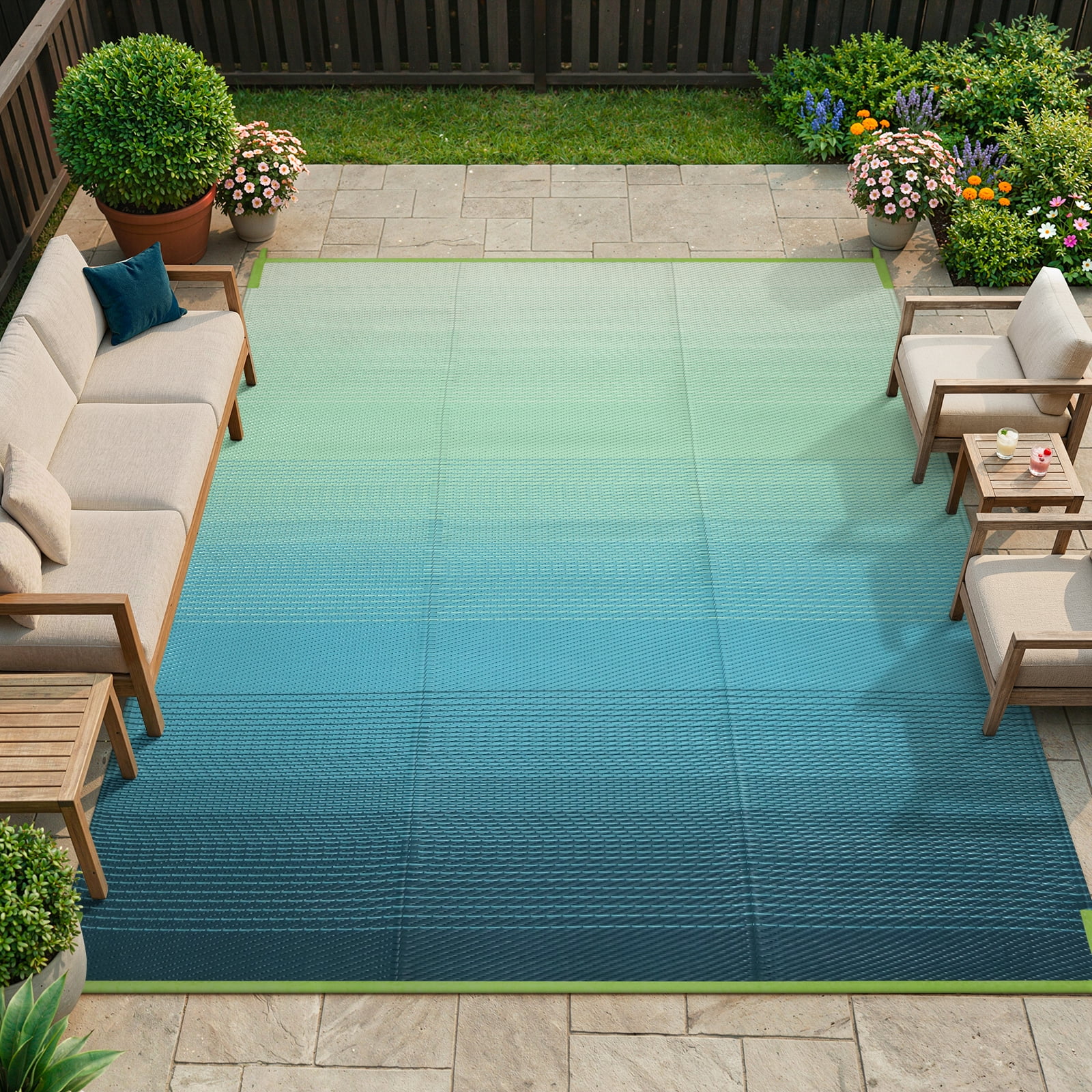 SUNDEREY Outdoor Rug 9'x12', Waterproof Reversible Plastic Straw Mat for Patio, RV & Camping - Lightweight Carpet for Deck, Balcony & Backyard, Teal