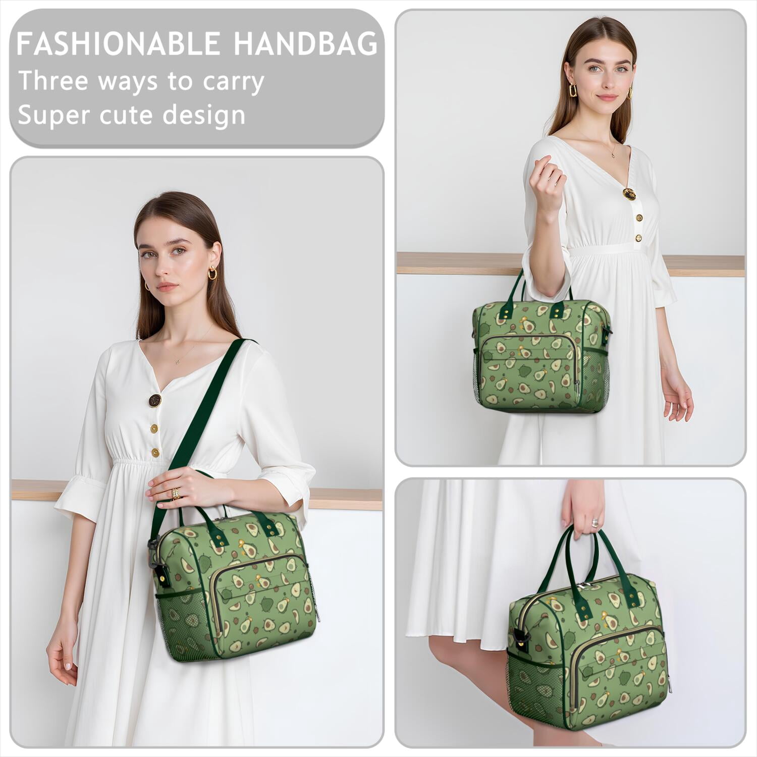 Cute Avocado Print Insulated Lunch Bag - Spacious Thermal Tote with Reinforced Handles, Leakproof Picnic & Travel Cooler for Healthy Food Lovers, Modern Fruit Illustration