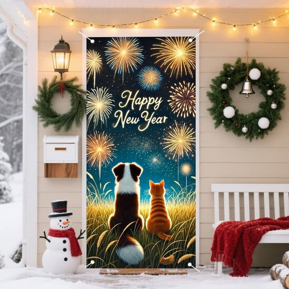 HaoXun New Year's Eve Party Door Cover - Multicolor Cloth Decorative Banner 70.8 x 35.4 inches for Home Holiday Celebration Backdrop Hanging Decorations
