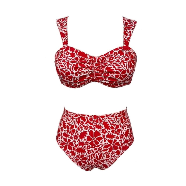 Traje de Baño Ocean Pacific para Mujer, Broche Espalda, Plisado Pecho, Flores Rojo Talla M 2 Piezas
