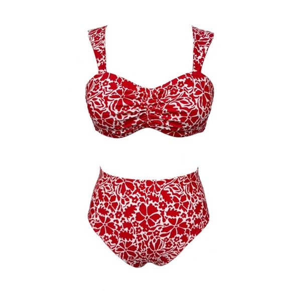 Traje de Baño Ocean Pacific para Mujer, Broche Espalda, Plisado Pecho, Flores Rojo Talla CH 2 Piezas
