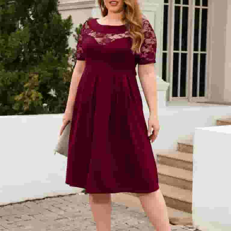 3/4 Sleeve Lace Patchwork Pure Color Skater Dresses 3/4 Sleeve Lace Patchwork Pure Color Skater Dresses
