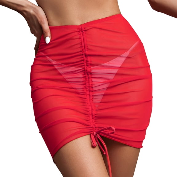 Curuila Women Beach Skirt Solid Color High Waist Drawstring Breathable Swim Skirt For Swimming Pool Red Size L