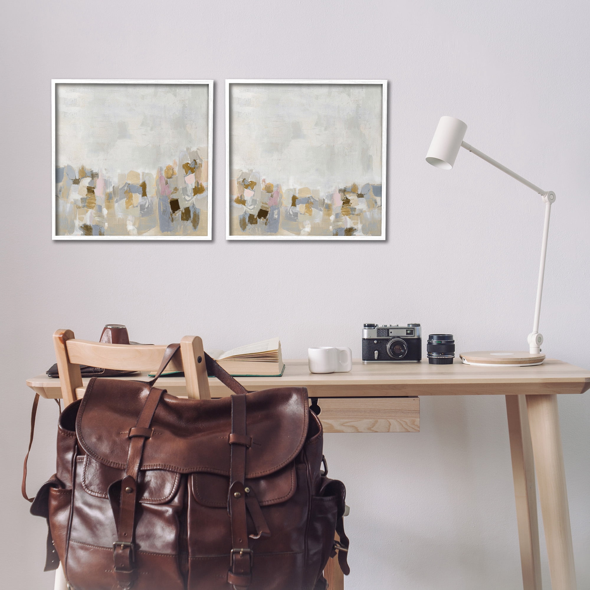 Stupell Industries Neutral Geometric Horizon Abstract Painting White Framed Art Print Wall Art, 17 x 17, Set of 2