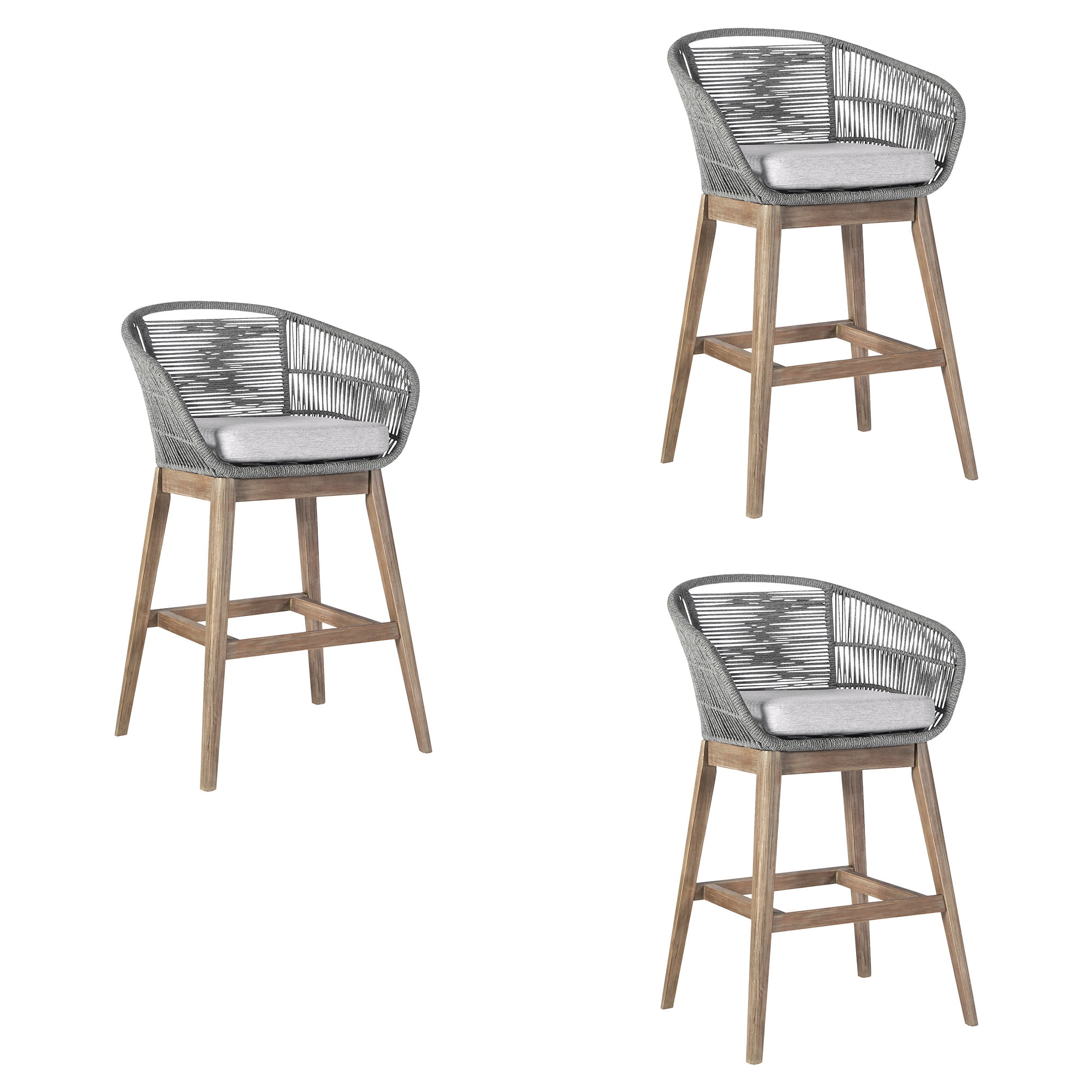 Tutti Frutti Indoor Outdoor Bar Height Bar Stool in Light Eucalyptus Wood with Gray Rope - Set of 3