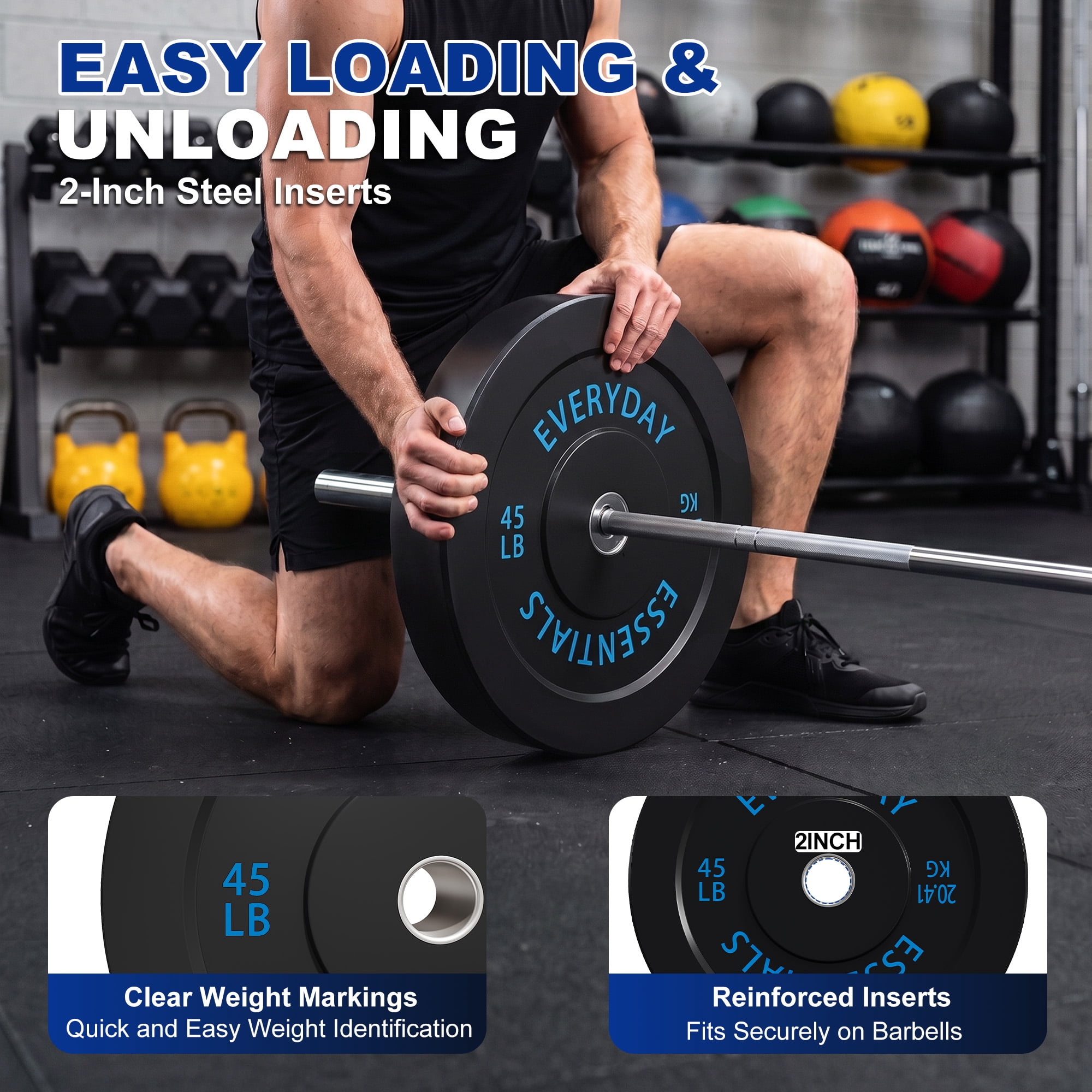 INTRTLOCKINGING TILES 260 LB Bumper Plates, 2-Inch Olympic Black Rubber Weight Set for Home Workouts, Weightlifting and Strength Training