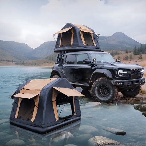 New Design 4x4 Offroad Car Roof Top Tent Amphibious Inflatable Tent With Ladder For Camping( With Ladder, Two Tone Style, Khaki & Black)