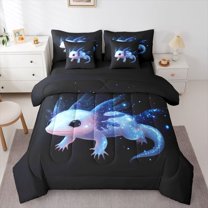 Manfei Kawaii Salamander Bedding Comforter Set 7pcs for Preppy Child,Cartoon Animal Queen Bedding Sets Super Cozy,Bling Glitter Queen Sheet Sets,Microfiber Bedroom Decor,Reversible