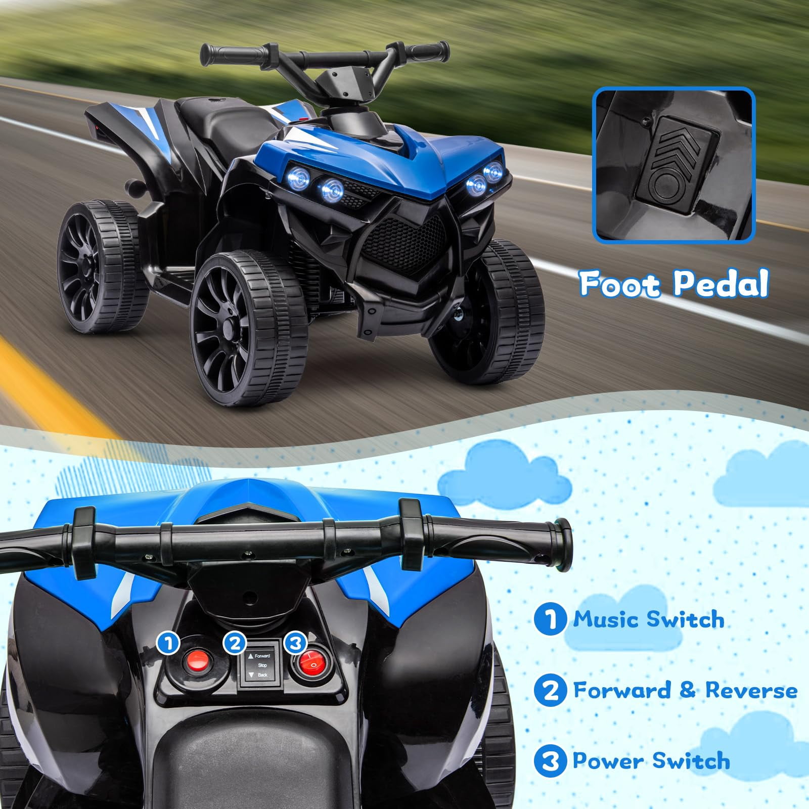 Juiluna Kids ATV 4 Wheeler, 6V Ride on Toy with 1.8MPH Max Speed, Wear-Resistant Wheels, Music & Foot Pedal, Battery Powered Electric Quad Car for Kids Toddlers