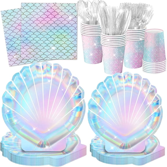 144 Pcs Mermaid Party Supplies Mermaid Birthday Decorations Includes Plates Napkins Cups Cutlery for Under the Sea Party Decorations, Serve 24