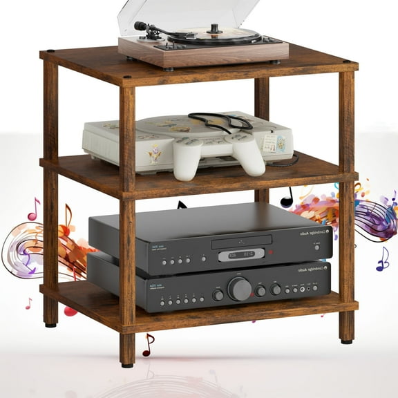 3-Tier Media Stand/TV Shelf/Audio Cabinet and Media Towers, Modern Stereo Cabine,Game Console Shelf,Wooden TV Stand,Multifunctional Entertainment Center, Brown