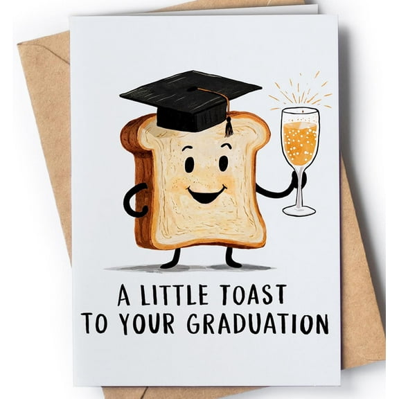 Graduation Card with Toasting Bread Character – Celebrate Your Achievement with Humor – Envelope Included, Blank Inside – Perfect for Graduates