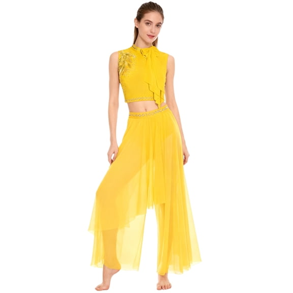inlzdz Women Lyrical Dance Suit Sleeveless Mesh Top Wide Leg Pants 2 Piece Stage Performance Outfits Yellow M