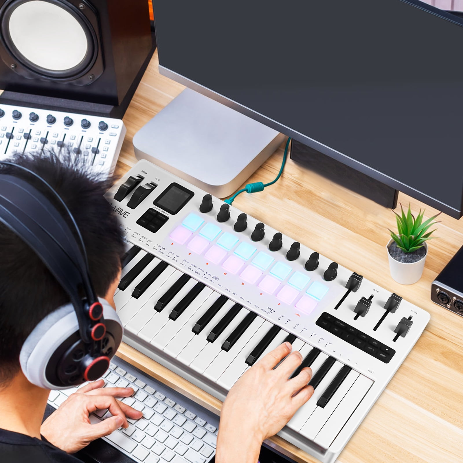OFFIGAM 1Set MIDI Keyboard 37 Key Portable Keyboard Controller with Backlit Pads White 18.00X7.11X1.97in