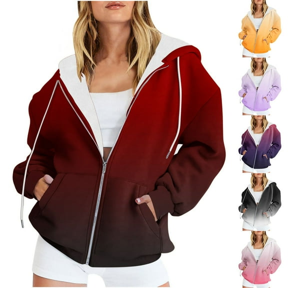 Pxxlle Plus Size Womens Hoodie Zip Up Oversized Hooded Sweatshirts Fashion Gradient Graphic Hoodies Casual Fall Long Sleeve Jacket Coat with Pockets Purple S