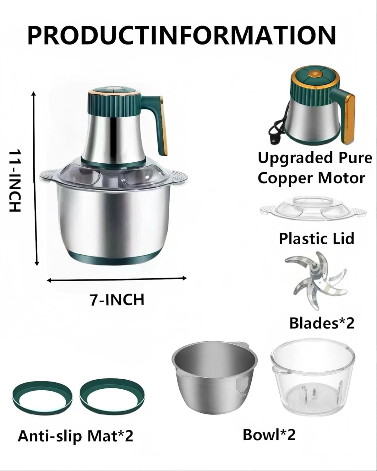 Food Processor with 300W Motor, 5-Speed Meat Grinder and Vegetable Chopper, 12-Cup Stainless Steel & Glass Bowls, Adjustable Speed Control for Dough Mixing and Slicing