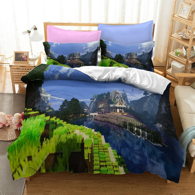 Minecraft Bedding Set Girl Adult Single Color 3D MC Duvet Cover Quilt Cover Soft Belt Pillowcase Double-YOUYOU