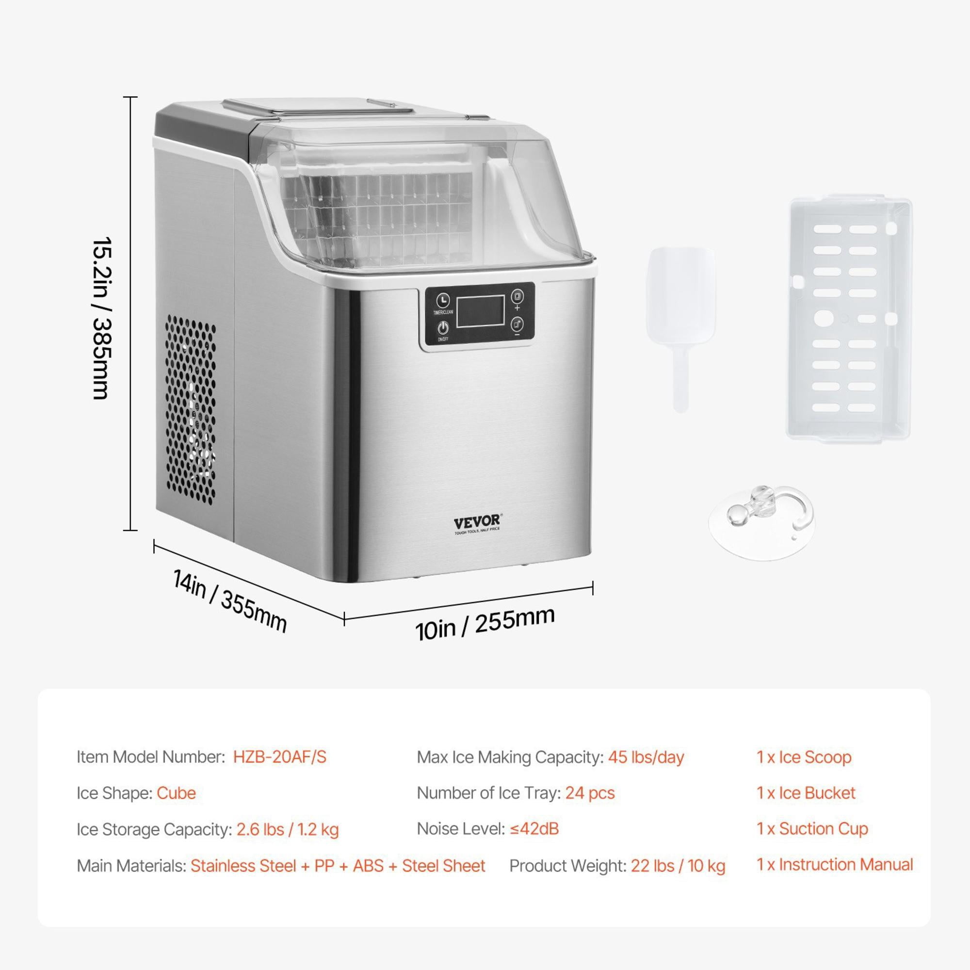 Countertop Ice Maker, 45 lbs/24H, 24 Cubes in 15 Mins, 3 Ice Sizes, Self-Cleaning Portable Ice Machine Quiet ≤42dB with Scoop & Basket