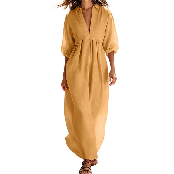 LIaqionyy Womens Maxi Dresses 3/4 Sleeve Summer Beach Dress V Neck Collar Flowy Cotton Linen Long Sundress