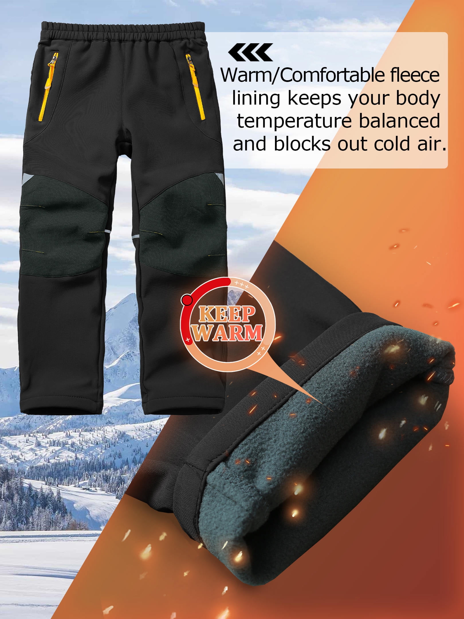 POENTAB Kids Boys Hiking Snow Ski Pants Fleece Lined Softshell Waterproof Warm Insulated Trousers with Zipper Pockets Black Size 11-13