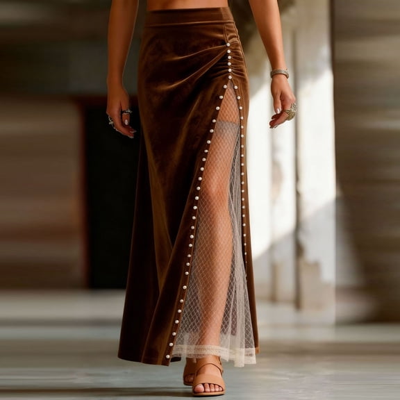 Women's Velvet Maxi Skirt High Waist Bodycon Patchwork Skirt with Pearl Mesh Side Slit Prom Occasion Skirts Brown L