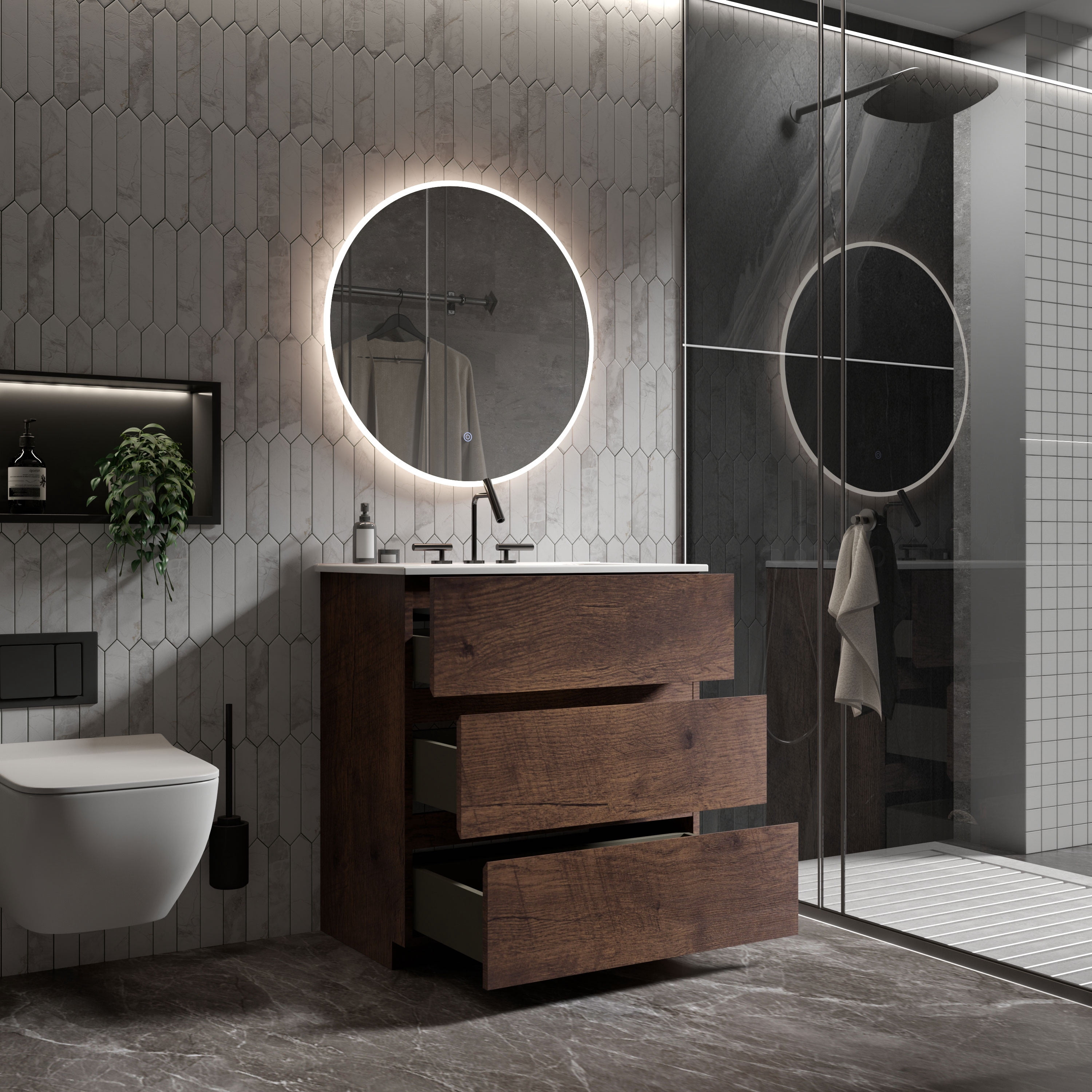 CITTANEO 24" Bathroom Vanity with Ceramic Sink, Contemporary Bathroom Cabinet with 3 Drawers, Walnut