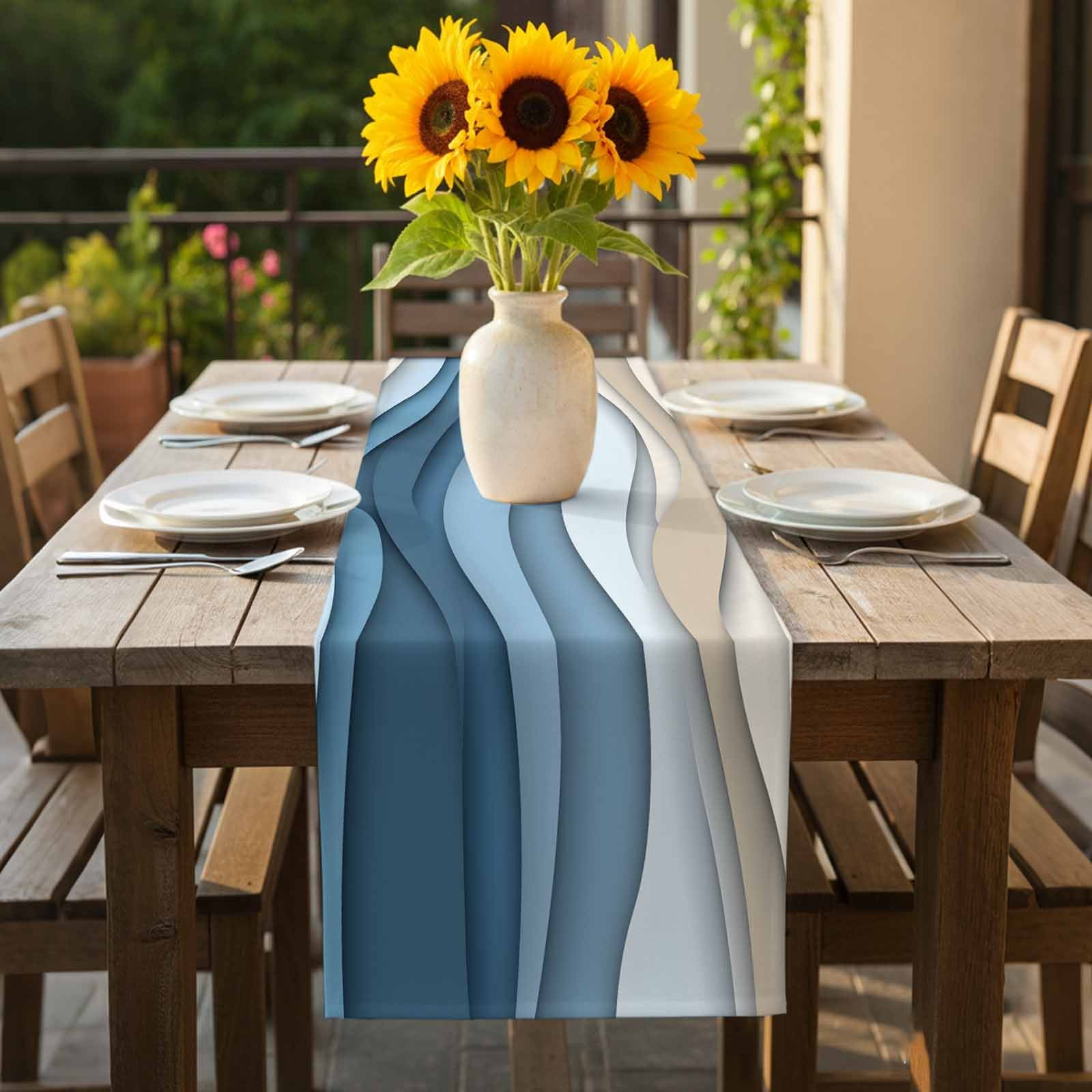 Blue Ombre Table Runner 13x108 inch Abstract Stripe Ocean Wave Geometric Modern Art Cotton Linen Dining Table Runner Ideal for Dresser Kitchen Coffee Tables - Machine Washable