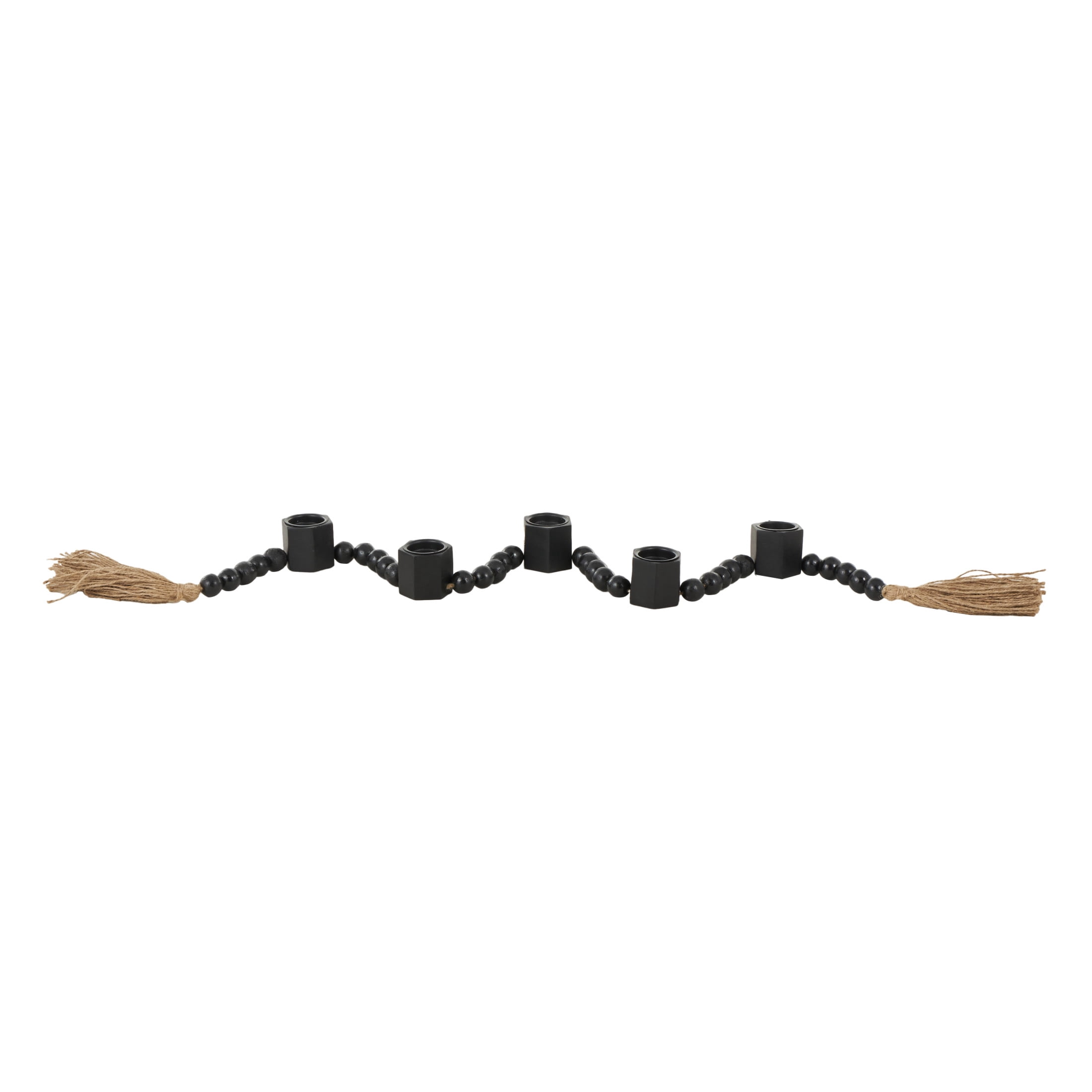 DecMode 5 Candle Black Mango Wood Hexagon Garland Candle Holder with Brown Tassel