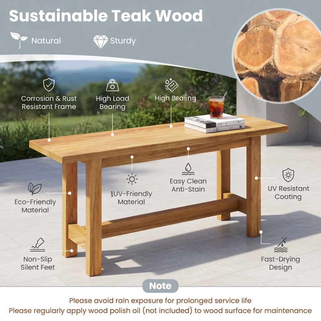 Hommoo Teak Wood Outdoor Bench, H-Frame Backyard, Porch & Poolside Seating for 2, Weather-Resistant Sustainable Hardwood, Natural
