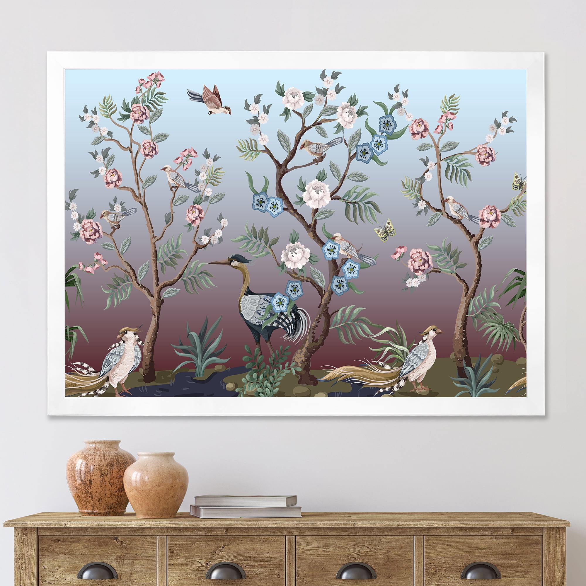Designart 'Chinoiserie With Peonies and Birds XI' Traditional Framed Art Print