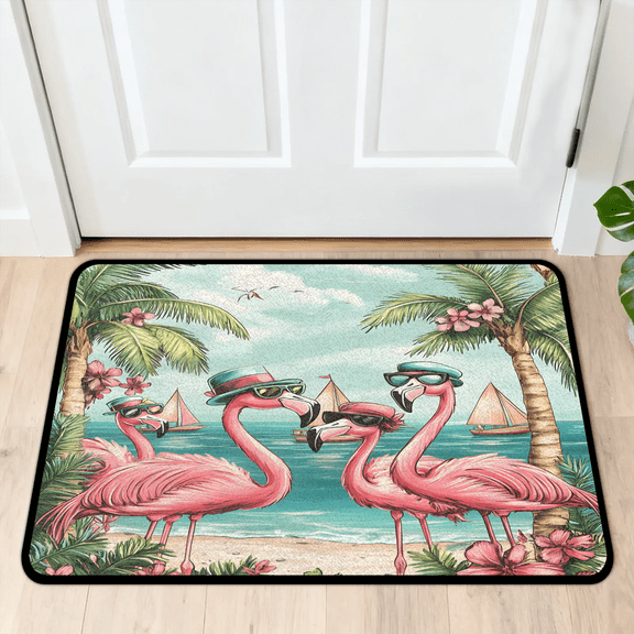 CURLYOOT Funny Flamingo Tropical Indoor Doormat, Non-Slip Absorbent Door Mat 24" x 16", Entrance Floor Mat Washable Entry Doormats for Entryway Front Back Door