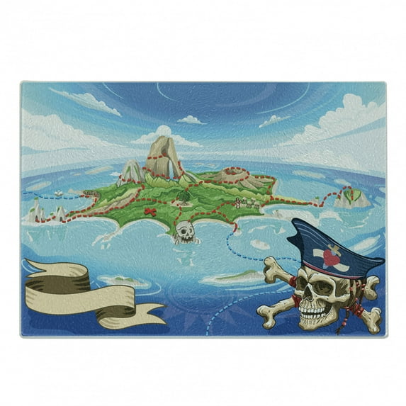 Island Map Cutting Board, Aerial View Fantasy Pirate Cove Island with Crossbones and Captain Skull, Decorative Tempered Glass Cutting and Serving Board, Small Size, Multicolor, by Ambesonne